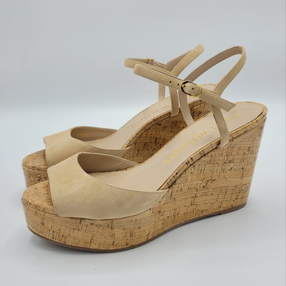 Stuart Weitzman Palmina Suede Cork Wedge Sandals 9 Nude Beige